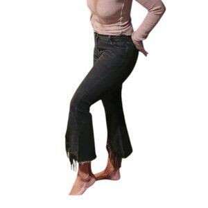 Blue B Collection Women's Black Beaded Fringe High-Waist Flared Jeans Size L